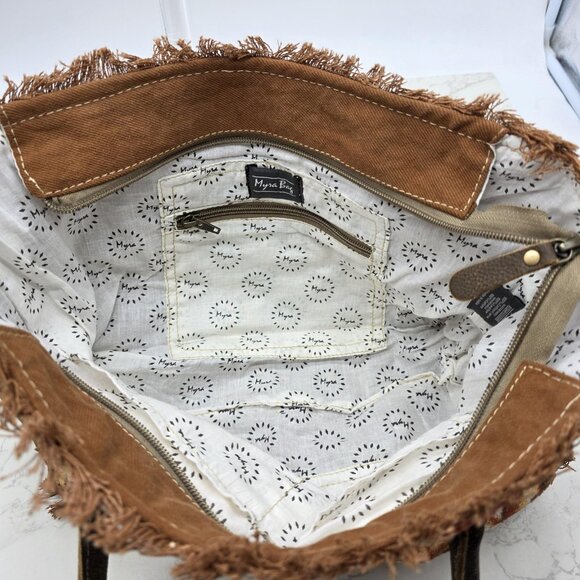 Myra Bag Tote Handbag Womens Brown Canvas Leather Trim Tapestry Boho Zip Top - Picture 6 of 15
